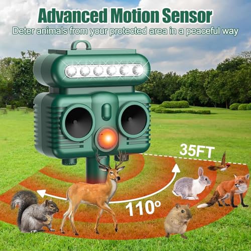 OBEST Solar Powered Animal Deterent, Ultrasonic with Light for Home Yard, Waterproof Animal Chase Device for Cat Raccoon, Sound Frequency 8kHZ