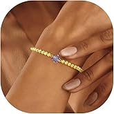QILMILY Gold Bracelets for Women - 14K Gold Plated Dainty Elastic Birthstone Bracelets for Women Gold Jewelry Bead Bracelet Gifts Christmas Stuff for Teen Women Friendship Bracelet
