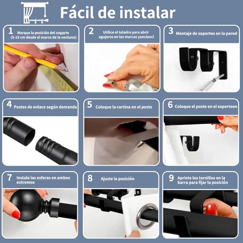 Barra de Cortina Doble Telescópica de Metal,Cortinero Doble (36 a 120”),Tubo Cortina Doble Negro,cortineros dobles para cortinas,Ventana con Soporte,para casa, Armario