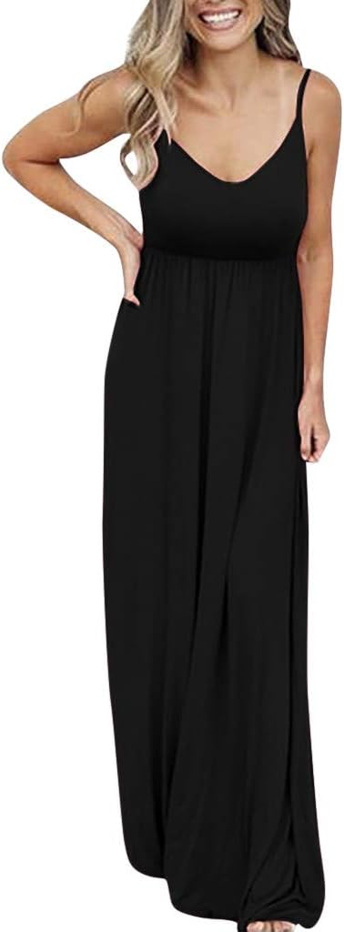 Weant Women's Dress Sale Summer Spaghetti Strap Soldi Color Maxi Long Dress for Ladies Teen Girls Fashion Casual Holiday Beach Sundress Evening Party Cocktail