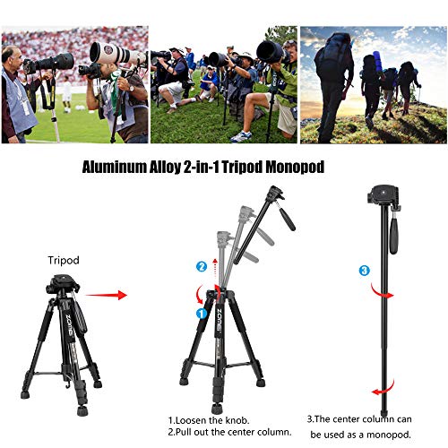 ZOMEI Q222 58" Monopod Tripod with 3-Way Swivel Pan Head and Carrying Bag for Sony Nikon Canon Suitable for Live Photo Video
