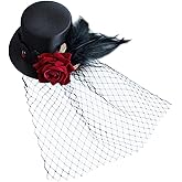 Beaupretty 1920s Fascinator Hat, Mini Tea Party Hats for Women, Black Satin Mini Top Hat Hair Clip with Feather and Mesh Veil, Headwear for Wedding Cosplay Halloween
