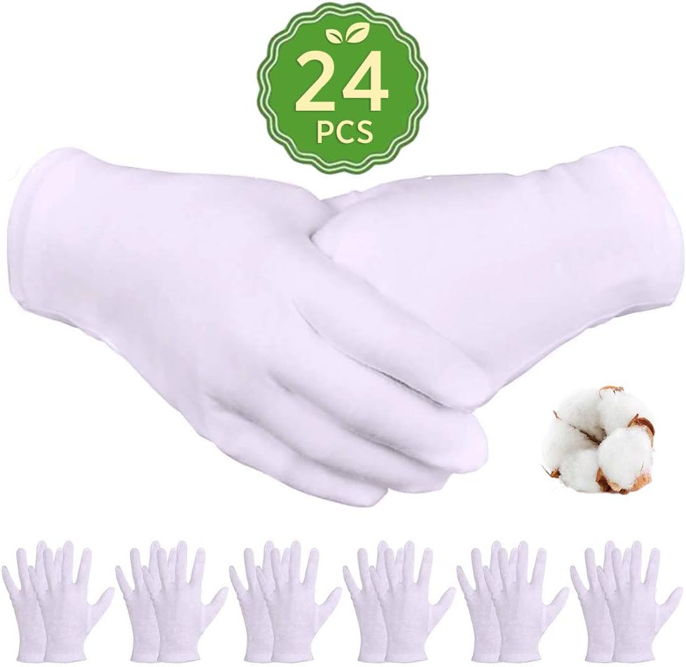 AYUQI White Cotton Gloves, 24 Pcs Soft Cotton Gloves Health Daily Work Gloves for Both Men and Women Dry Hands & Eczema Cosmetic Moisturizing Coin Jewelry Silver Costume Inspection.
