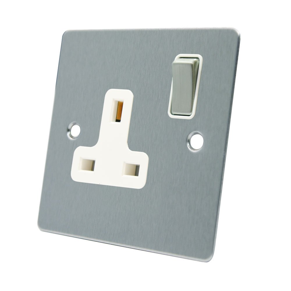AET FSC1GSOCWS 13 A 1-Gang Satin Chrome Flat Single Plug Socket with White Insert Metal Rocker Switch