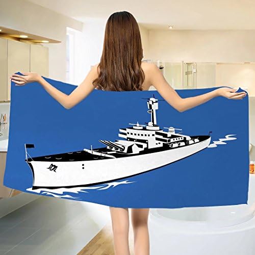 Cartoon Bath towel Navy Force War Ship Boat Sealife Ocean Themed Animation like Image Cotton Beach Towel Violet Blue White Back （55"x28"）