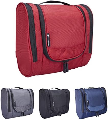NewNomad Hanging Toiletry Bag for Men and Women, Water Resistant Toiletry Kit for Bathroom Essentials, Travel Accessories, Shampoo, Makeup, and Shaving Kits (Red)