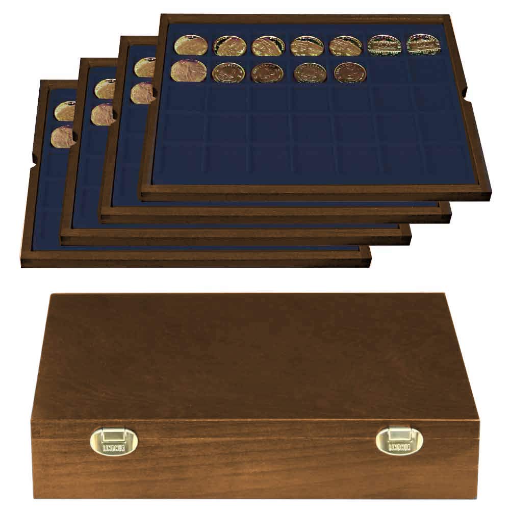 LINDNER Das Original Real Wood Coin Box with 4 Blue Trays for 140 Coins/Coin Capsules up to 36 mm Diameter
