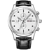 BUREI Men's Fashion Wirst Watches with Day Date Multifunction Chronograph Stopwatch White Dial Black Leather Strap