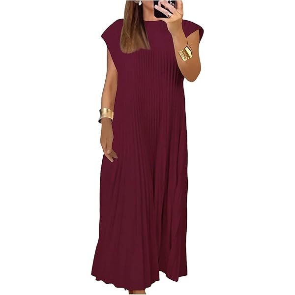 Amazon.com: Pleated Midi Dresses for Women Elegant Crew Neck Short Sleeve  Party Long Dress As Show S : Clothing, Shoes & Jewelry