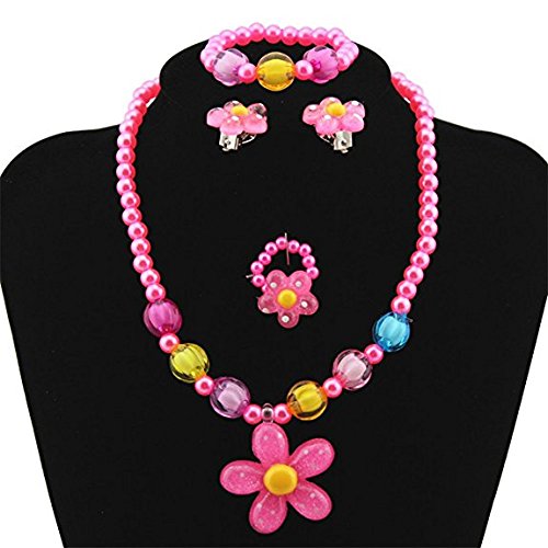 Kids Jewelry Pink Flower Necklace bracelet Earrings Ring Four Jewelry Set Fashion for Girls Pendant