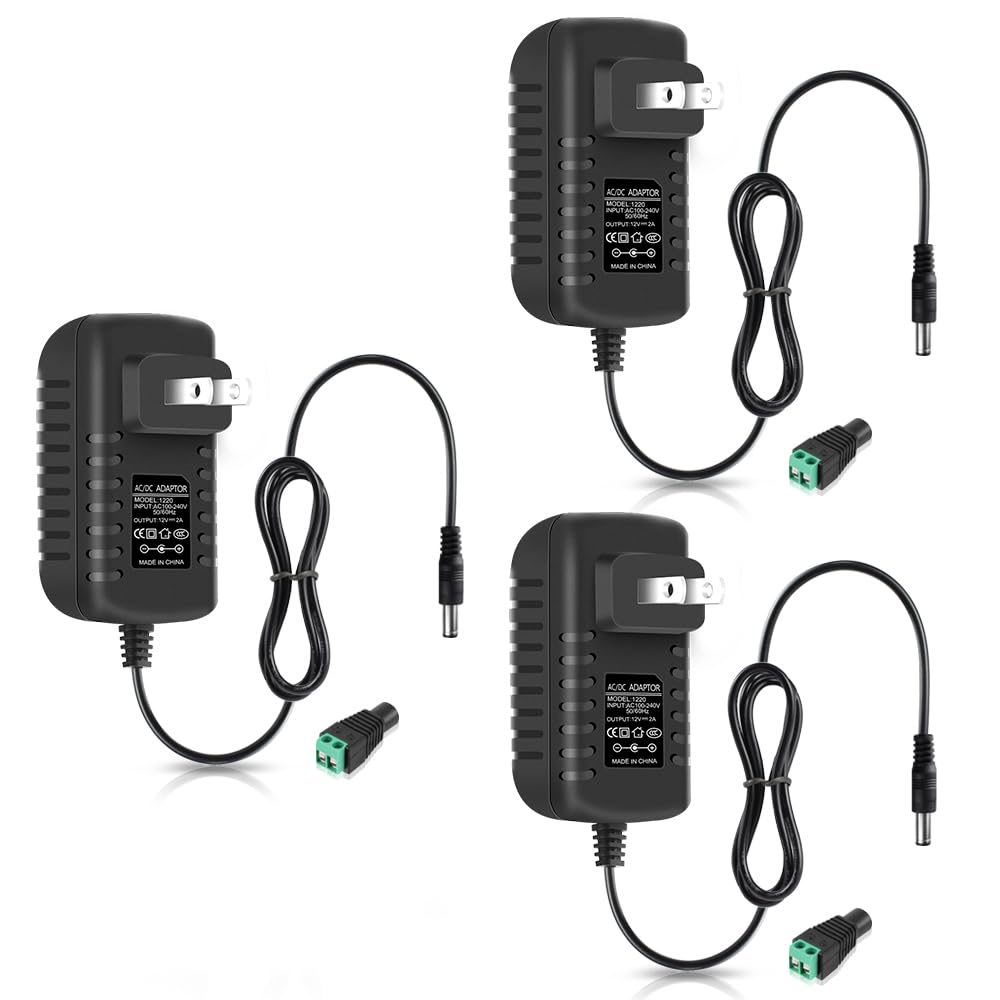 Photo 1 of 12V Power Supply, 12 Volt 2A 24W DC Power Supply, Black Switching LED Power Adapter, AC 110V to 12V Wall Mounted Transformer Plug for LED Strip Lights with 5.5/2.1 DC Female Connector, 3 Pack