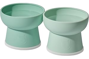 Necoichi 2pcs Elevated Cat Water Bowls with Measurement– BPA-Free Plastic Raised Bowls to Reduce Whisker & Neck Fatigue – Dishwasher & Microwave Safe – Non-Slip, Anti-Vomiting (Ocean Mist)