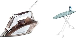 Rowenta DW5080 1700-Watt Micro Steam Iron Stainless Steel Soleplate with Auto-Off, 400-Hole, Brown & Homz 4-Leg Steel Top Ironing Board, Blue Lattice Cover