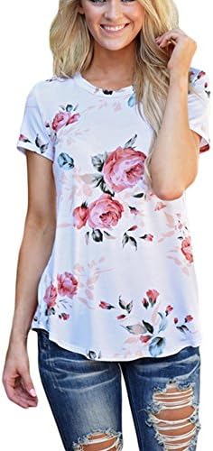 Sheshares Women Chic Shirt Floral Tee Round Neck Junior Summer Pullover Tops Color-C XX-Large