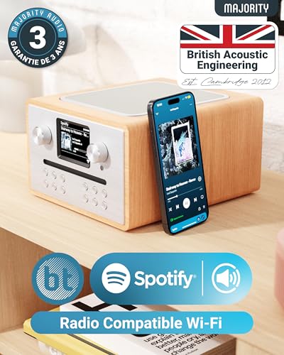 Dab Plus Radio with CD Player | Bluetooth WiFi Internet Radio | CD Tuner Amp with Spotify Connect & Podcast | Colour LED Display and Remote Control | Majority Homerton Oak