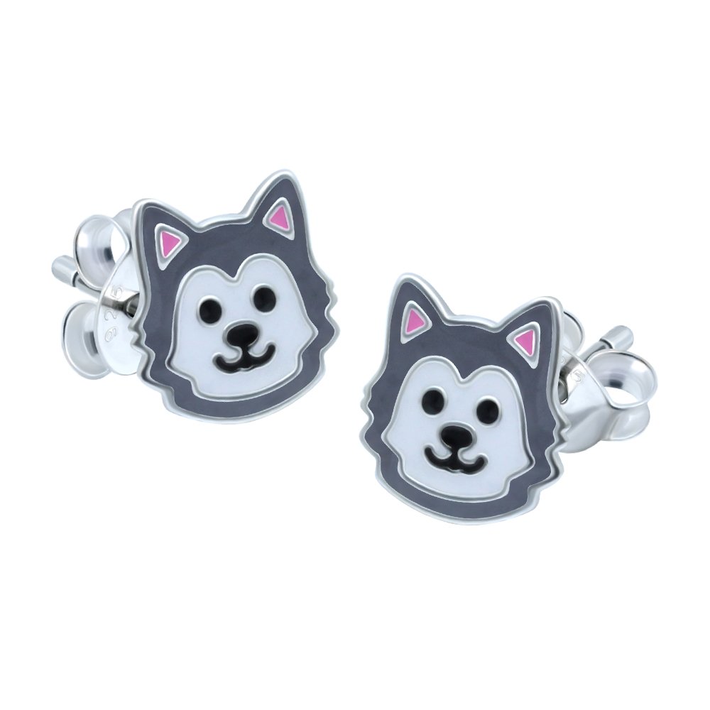 Husky Dog Wolf Earrings - Grey and White - 925 Sterling Silver