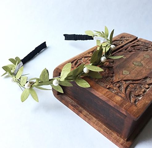 Green Leaf Vine Headband with White Pearls Handmade Woodland Bridal Headpiece