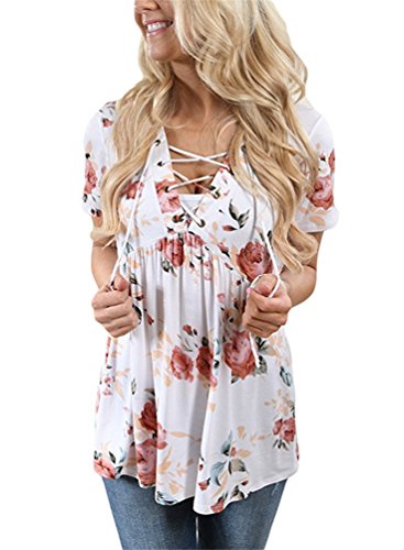 LISTONE Women's Summer Short Sleeve V-neck Floral Print Frilly Tape T-shirt LISTONE Women's Summer Short Sleeve V-neck Floral Print Frilly Tape T-shirt