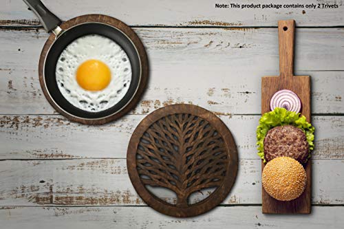 Set of 2 Wooden Trivet Tea Pot Holder Tree of Life Design Heat Resistant Durable Handmade Mango Wood Kitchen Dining Table Accessories Dia 8'' Inch (Set of 2 Walnut)