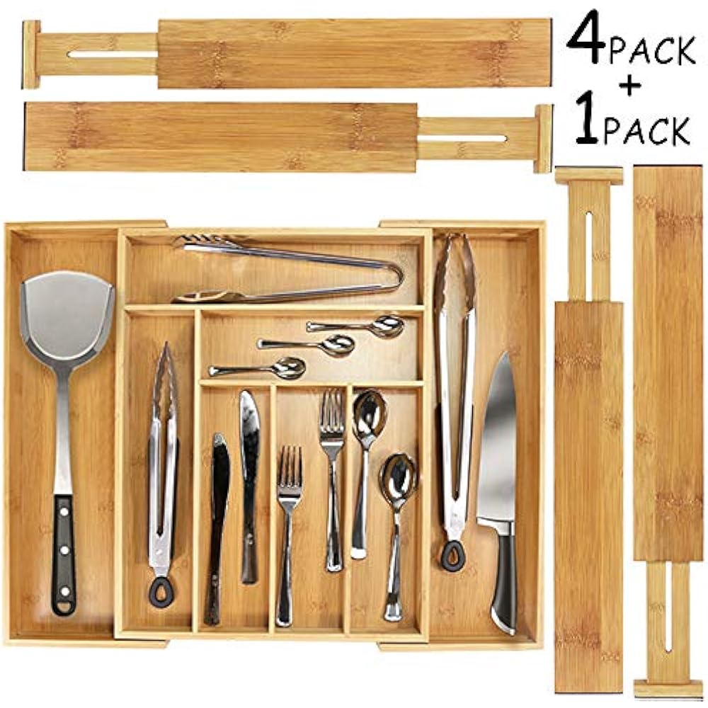 Kitchen Drawer Organizer 4 Pcs Adjustable Bamboo Dividers