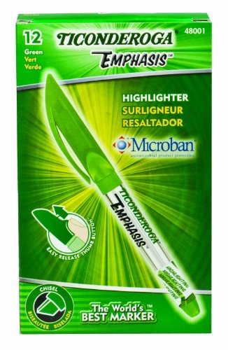 Ticonderoga Emphasis Fluorescent Highlighters, Pocket Style with Clip, Chisel Tip, Green, One Dozen (48001)
