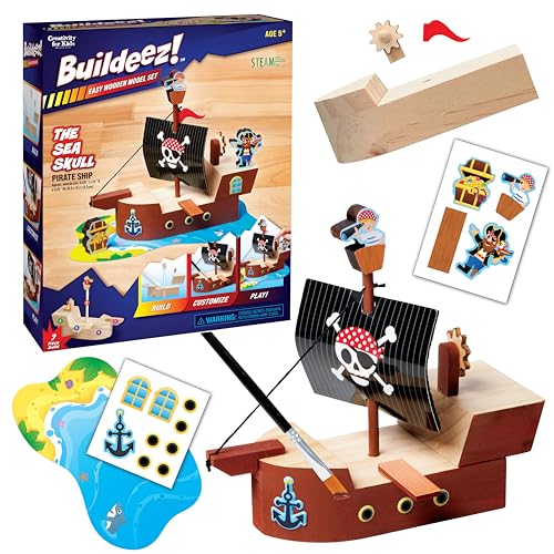 Creativity for Kids Buildeez! Easy Wooden Model Set: Pirate Ship, Sea Skull - DIY Arts & Crafts Kit, STEM Toys and Gift for Kids, Boat Toys for Boys (Ages 5+)