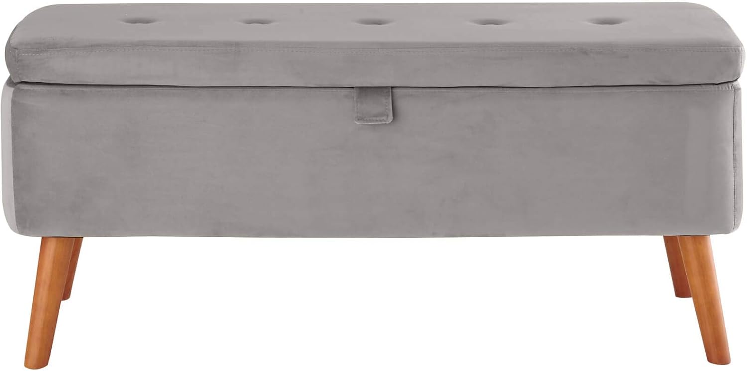 Home Source Storage Ottoman Storage Chest, Velvet Bedding Box, Wooden Legs, Grey, 40D x 110W x 45H cm - Image 4