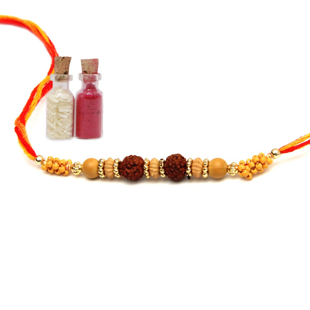 giftsbymeeta rakhi with rudraksh and beads - rakhi 1, bottles of roli & chawal 1 pair, thread rakhi for men/boys