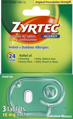 ZYRTEC 24 HOUR ALLERGY RELIEF TABLETS, ANTIHISTAMINE INDOOR & OUTDOOR ANTI ALLERGY MEDICINE + CETIRIZINE HCL, RELIEF FROM RUNNY NOSE, SNEEZING, & ITCHY EYES, SINGLE PACKS, 3 X 1 CT PACKETS