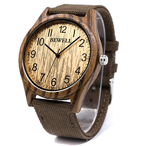 Bewell Casual Natural Wood Watch for Men Round Dial Quartz Analog Canvas Band W124B (Zebra Wood)