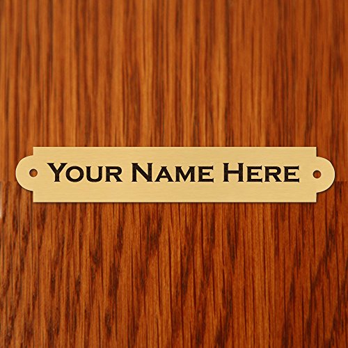 0.75" H x 4" W, Solid Brass Satin Gold Finish Name Plate, Custom Engraved Nameplate Name Tag Personalized Black Text, Decorative Ends with Matching Screws, Made in US