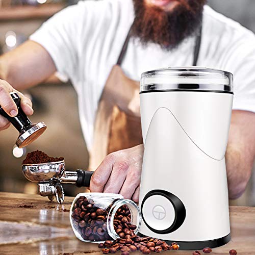 Kaffeemühle Elektrische, morpilot 150W Kaffeemühle mit 70g Fassungsvermögen,Edelstahlmesser, Pinsel, Mühle für Kaffeebohnen Nüsse Gewürze Getreide Kräuter, Mühle elektrisch - Weiß