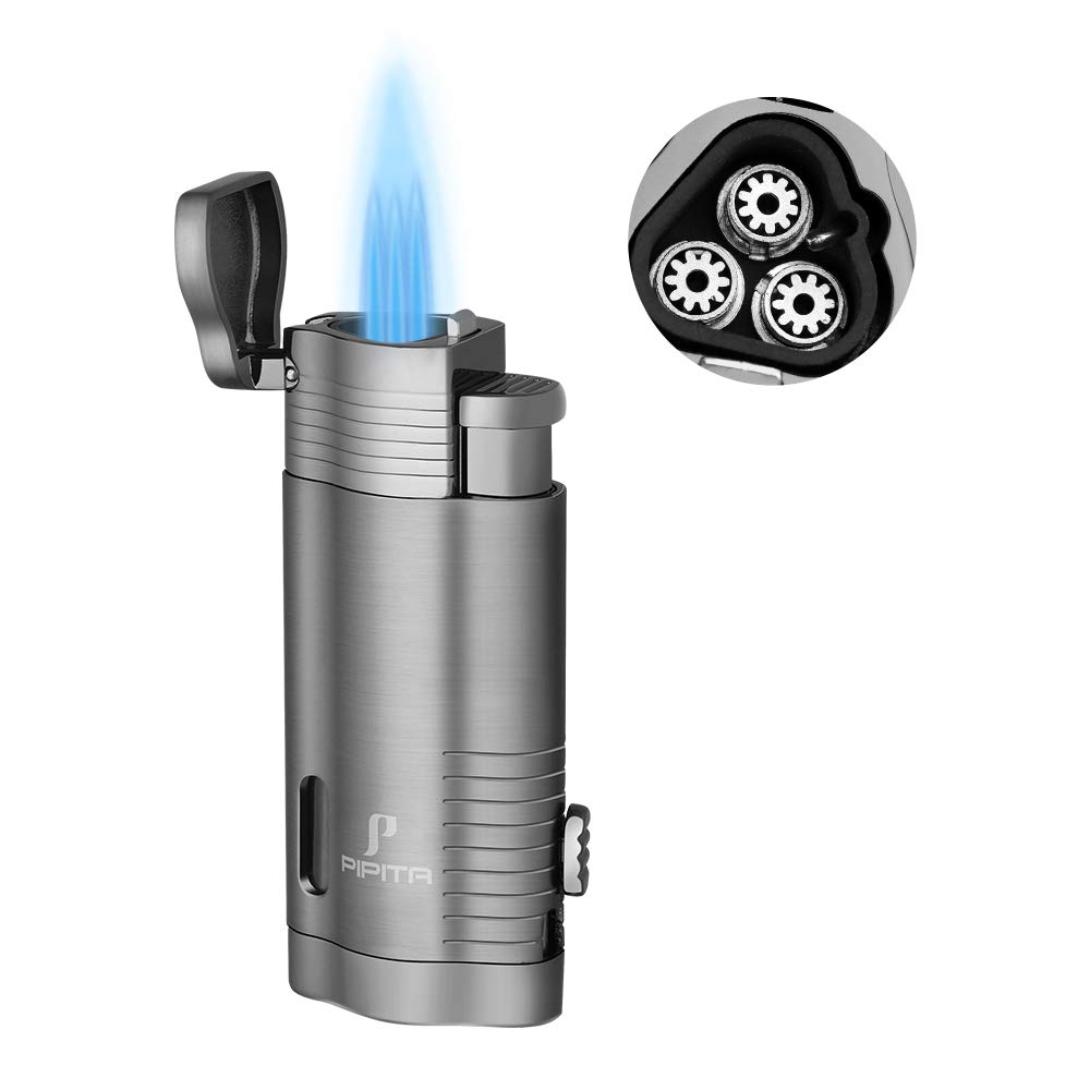 PIPITA Cigar Torch Lighter Windproof Metal Firelighters Triple Jet Flame Refillable Butane Gas Lighter with Punch ﻿Pocket Cigar Lighter for Men Gifts(Without Gas)