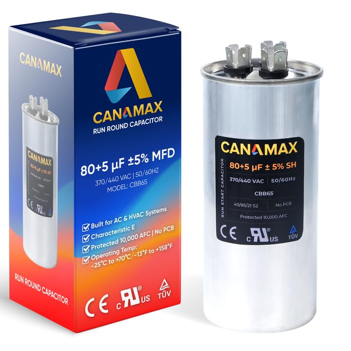 Photo 1 of [Upgraded 2025] Canamax 80+5 uf ± 5% MFD 370 Or 440V Dual Run Round Capacitor - Compatible with TP-CAP-80/5/440R Condenser Straight Cool & Heat Pump Air Conditioner