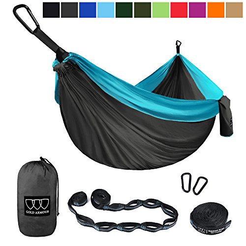 Gold Armour Camping Hammock - Single Parachute Camping Hammock (2 Tree Straps 16 LOOPS/10 FT Included) Lightweight Nylon Portable Hammock, Best Parachute Single Hammock (Gray/Sky Blue)