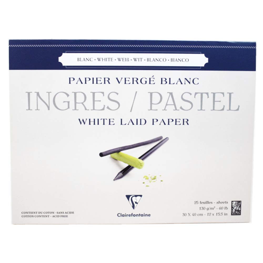 Clairefontaine - Ref 96483C - Ingres White Pastel Glued Laid Paper Pad (Pack of 25 Sheets) - 30 x 40cm, 130gsm Tinted Cotton, Top Glue Bound - Suitable for Dry Techniques