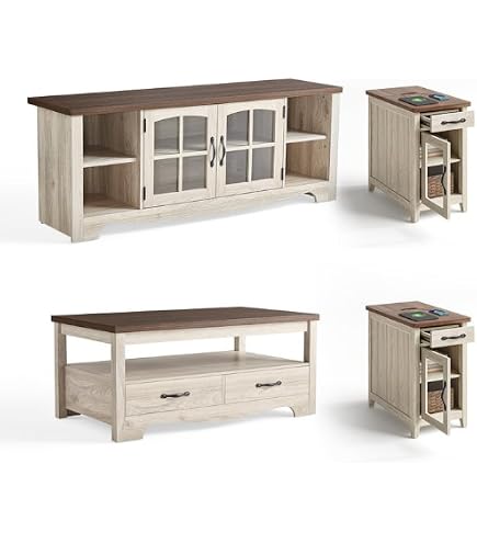 Farmhouse TV Stand With Electric Fireplace & 2 Side Tables – Set Of 3, Holds TVs Up To 65", White Finish - View #7