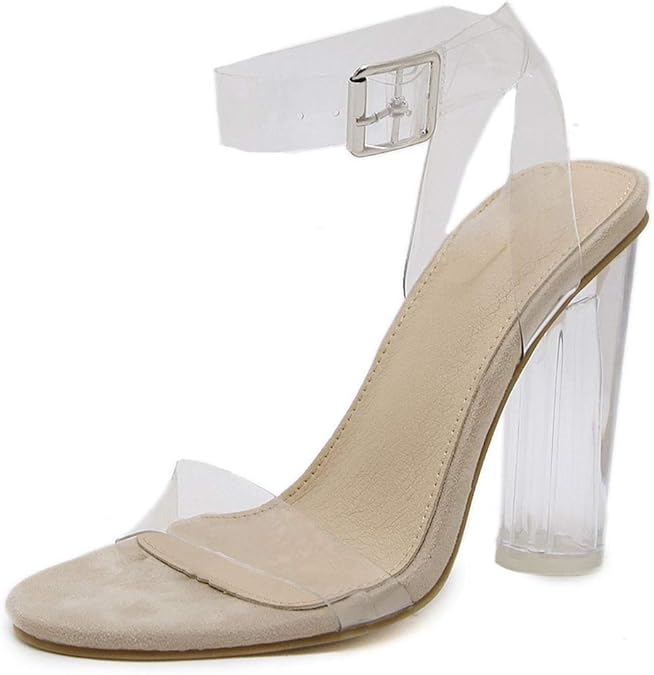 Amazon.com | LIURUIJIA Women's Clear Chunky High Heel Sandals Fashion Lucite Ankle Strap Open 