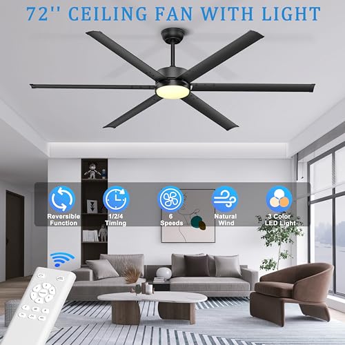 Ohniyou Ventilador de Techo Grande de 72 Pulgadas con Luces y Control Remoto, 6 Palas de Metal, 6 Velocidades, Motor DC Silencioso, Ventilador de Techo Industrial Negro para Patios Tienda Garaje
