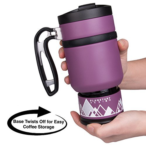 BruTrek Double Shot 3.0 Travel French Press Coffee Mug - Bru-Stop Insulated Stainless Steel Mug with Non-Slip Grip, Wild Plum, 16 oz Cup