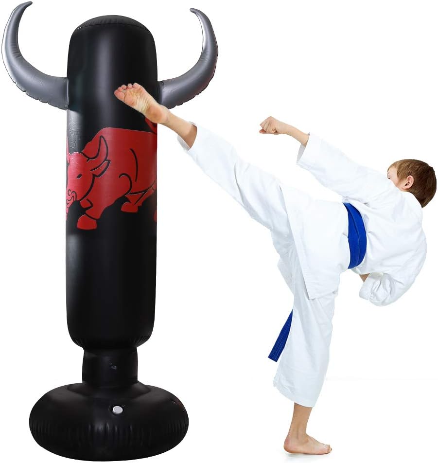 QIQU 63inch Inflatable Kids Punching Bag-Free Standing Boxing Bag,Ox Horn Inflatable Punching Bag for Kids,Big Boxing Toy Youth Boxing Bag (Silvery)