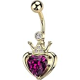 14GA Gold PVD 316L Stainless Steel Crown with Pink Gem Heart Belly Button Ring