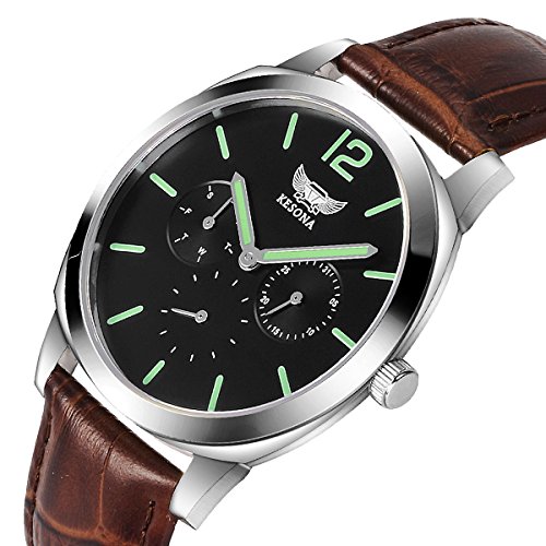 Mens Wrist Watch- KESONA Fashion Multifunction Watch- Sapphire Glass Business Casual Leather Strap Watch(Black)