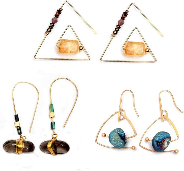 3 pairs Geometric Hollow Out Metal Frame Natural Stone Citrine Starry Sky Pendant Stud Dangle Earring for Lucky Girls Women