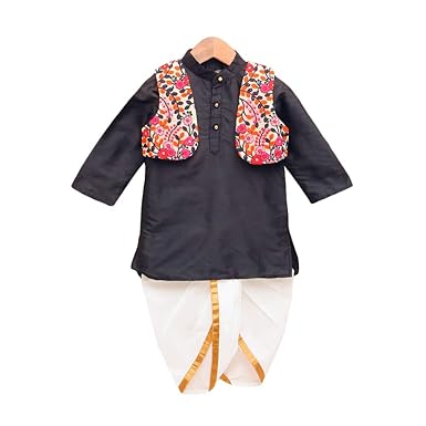 By Hopscotch Boys Polyester Embroidered Jacket With Kurta And Dhoti Set in Navy Color