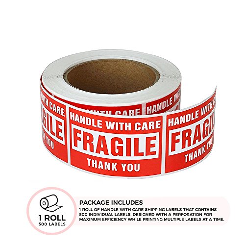 enKo - 3 x 5 Large Inch Fragile Stickers Handle with Care Warning Packing Shipping Label - Permanent Adhesive (1 Roll, 500 Labels) - Thumbnail 2