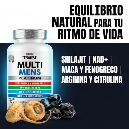 24 Vitaminas y Minerales para Hombres, con Precursor de Óxido Nítrico, Arginina y Citrulina + Soporte Herbal Fenogreco, SHILAJIT, Maca y NAD+ | Multi Mens | TSN Testrol 200 Cápsulas