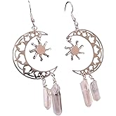 Crescent Moon with Sun Silver Tone Dangle Earrings with Clear Quartz Gemstones Boho Bohemian Earrings Celestial Witchy Gift