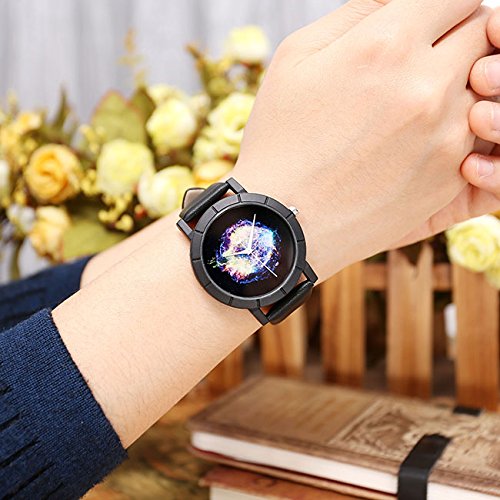 JSDDE 2pcs Montre Set Montre à Quartz Femme Cadran Couleur de l\'étoiles Ciel Bracelet PU +7 Chakra Bracelet Perle d\'intervalle Set Sac en Peluche