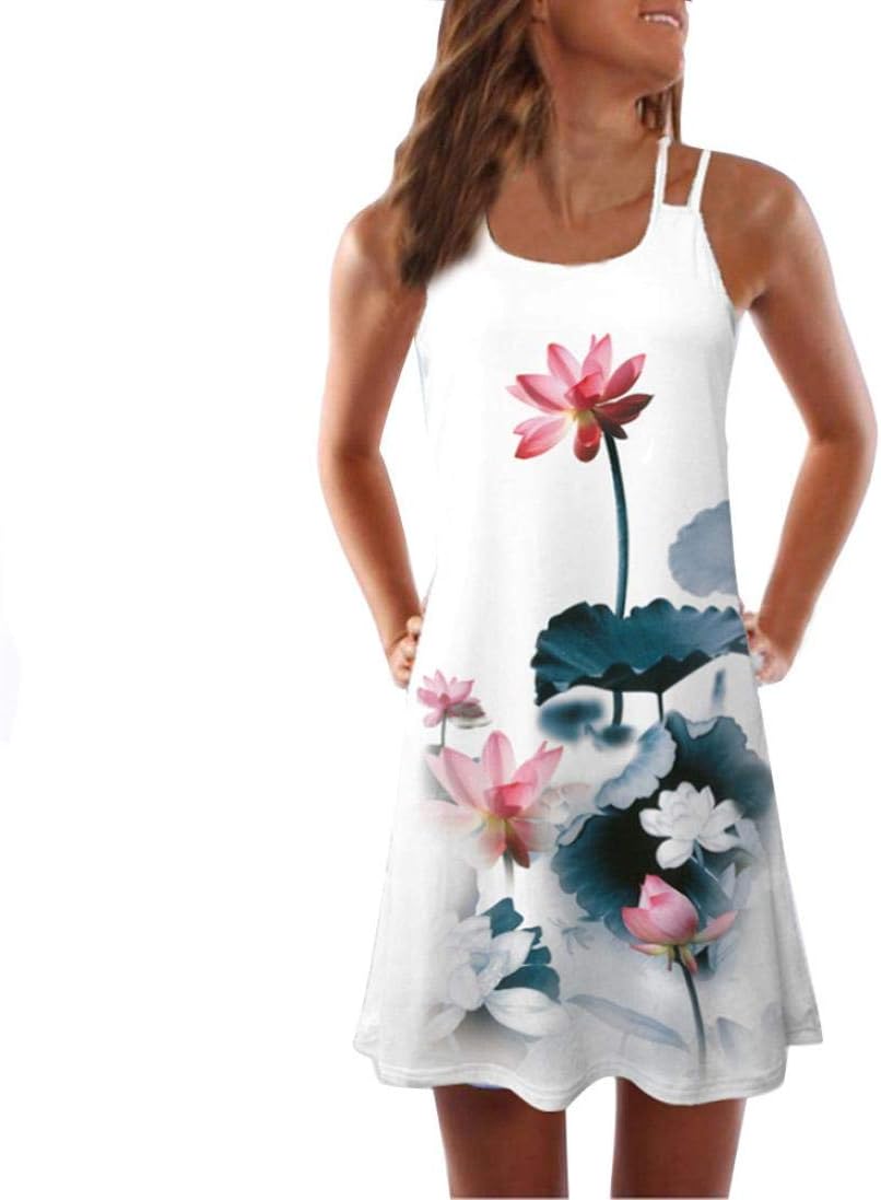 UONQD 2019d Women Summer Vintage Sleeveless 3D Floral Print Bohe Tank Short Mini Dress